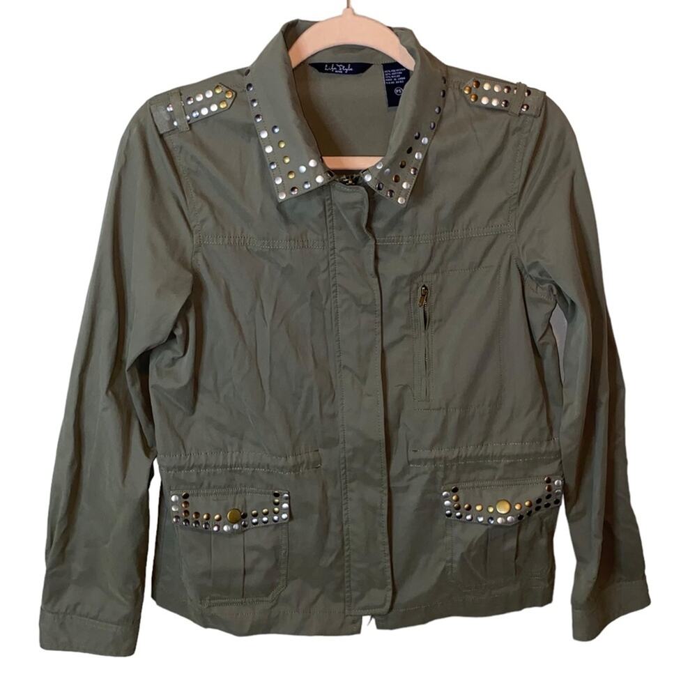 Life Style Studded Utility Jacket Small Petite Olive Green Military‎ Zip Front